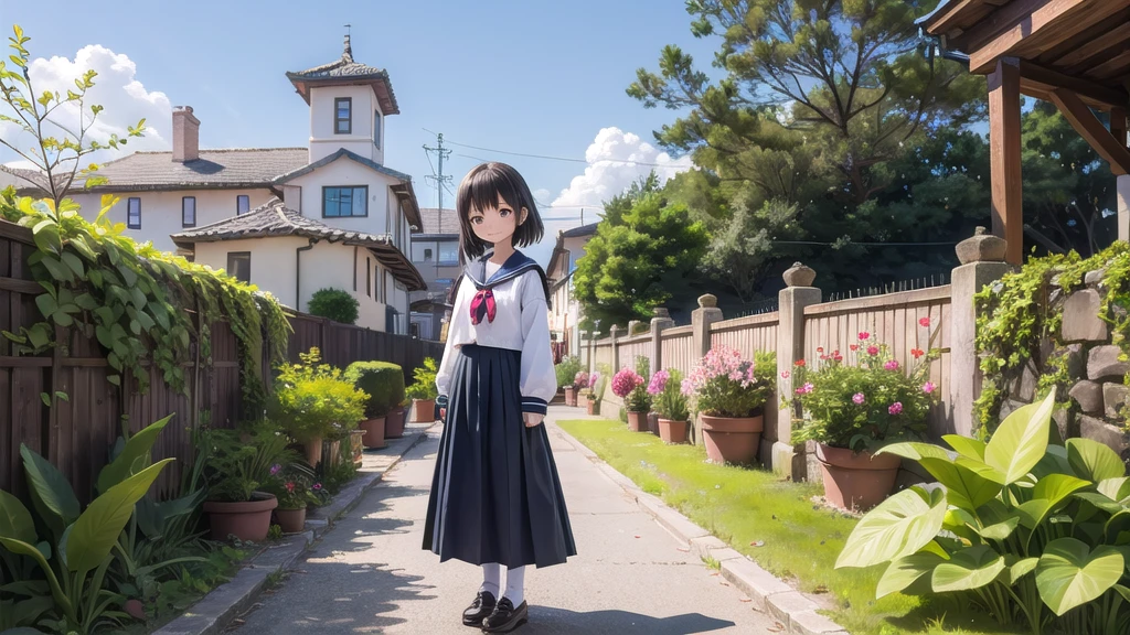 (masterpiece), town, blue sky, One Girl, smile, alone, Sailor suit、Long skirt, Overgrown, petal, plant、Skirt lining、Translucent slip、Nostalgic