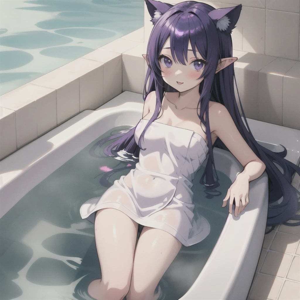 anime girl long purple hair, soak in a hot spring,{{Wrapped in a bath towel}}. she has pointy ears. Manga kawaii. iridescent ,An illustration