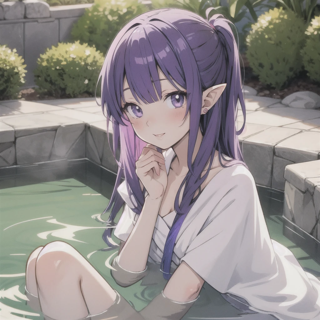 anime girl long purple hair, soak in a hot spring,{{Wrapped in a bath towel}}. she has pointy ears. Manga kawaii. iridescent ,An illustration