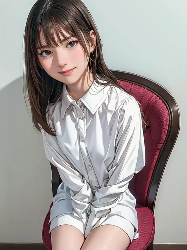 raw photo, 1girl, medium breast, collared blouse, White blouse, light smile, detailed skin, simple background, Above the knee, sit on a chair, photorealistic, masterpiece, best quality, anatomically correct