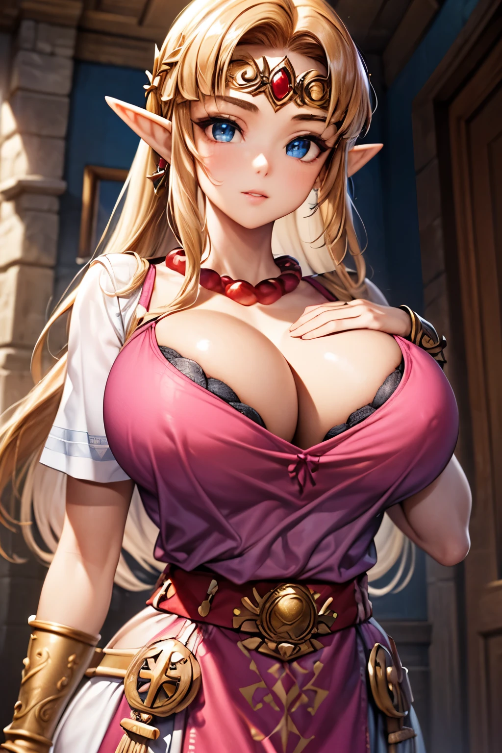 (masterpiece:1.2), best quality, high resolution, unity 8k wallpaper, (illustration:0.8), (beautiful detailed face:1.2, beautiful detailed eyes:1.2), perfect lighting, extremely detailed CG, (perfect hands, perfect anatomy), 

Cute, beautiful, charming lady, shiny hair, lustrous skin, beautiful light big eyes, 
milf, married woman, soft With a gentle appearance and a gentle mother-like atmosphere,
Feminine style, beautiful kubire, beautiful, naughty face,(large breast,busty:1.2),(round breast:1.1),Hourglass Shape,A well-defined figure,slender,skinny body,((thin_Waist))cleavage,peek bra,clothed bra,toned,((Emphasize cleavage)),from below,

Zelda_a, long hair, blond hair, pointy ears, blue eyes, circlet, pink dress, short sleeves, jewelry, bracer, bead necklace, 