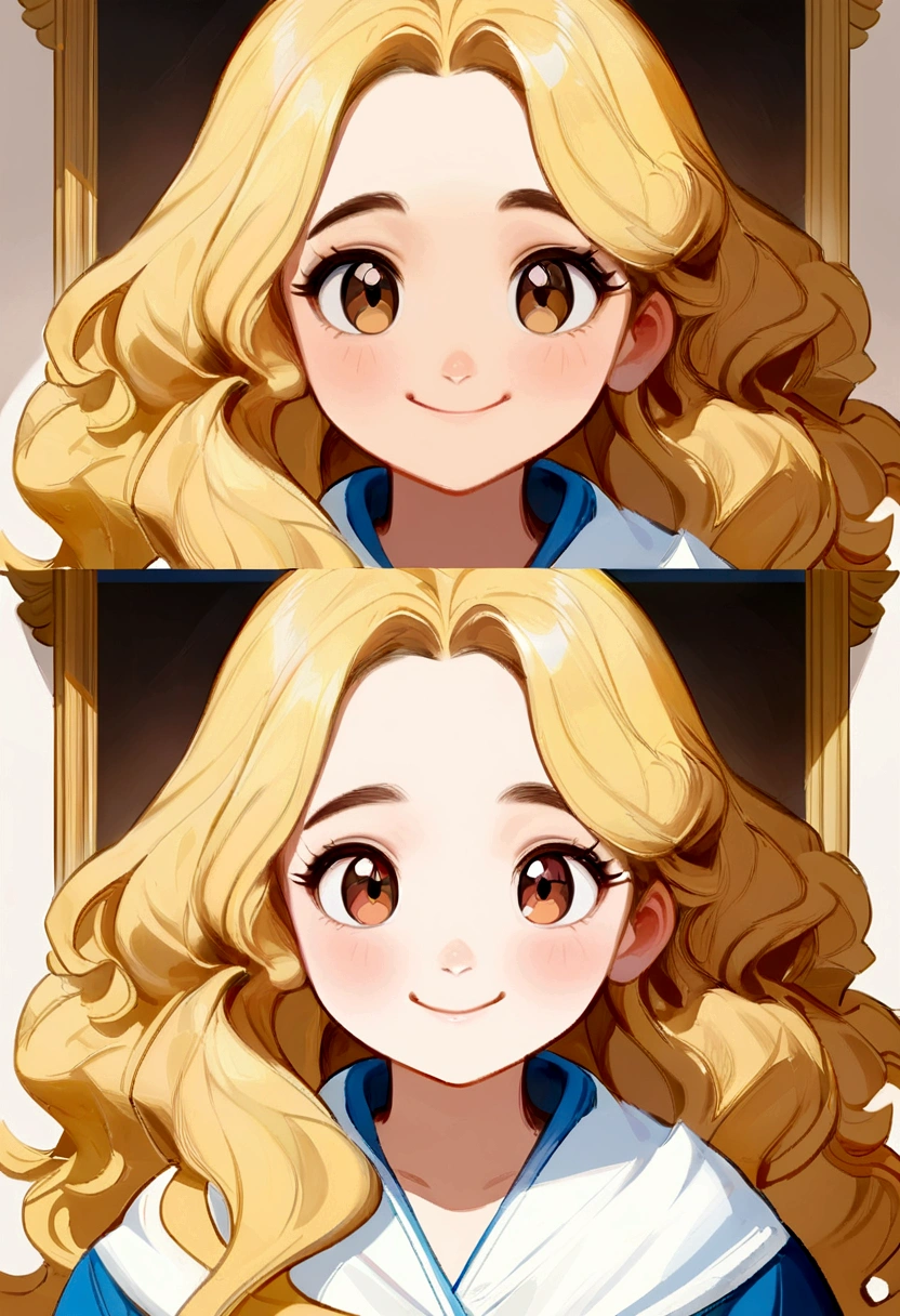 best qualityer)), ((work of art)), (detailded), ( disney pixar style), long wavy hair with blonde highlights at the front of the hair, slightly slanted brown eyes, smiling with your mouth closed