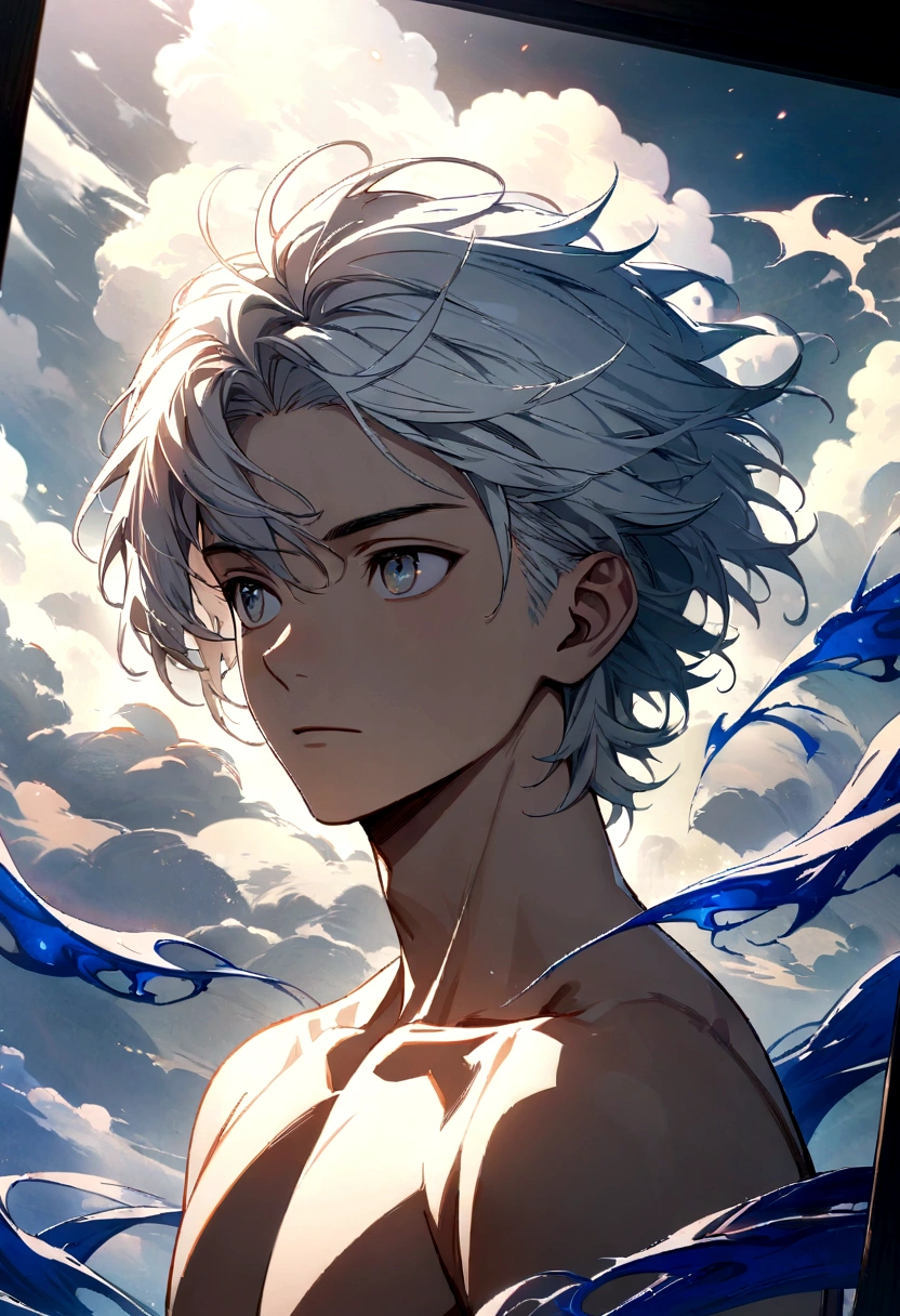 Portrait of a shirtless young Asian man, portrait of an Asian man with white airy hair, portrait of a boy, white hair, clear gaze, shirtless young man, in the background are clouds, divine, 1boy, wind effects, wind magic, air magic, best quality, ultra-high resolution, 4K detailed CG, masterpiece, aesthetic, centered on the screen