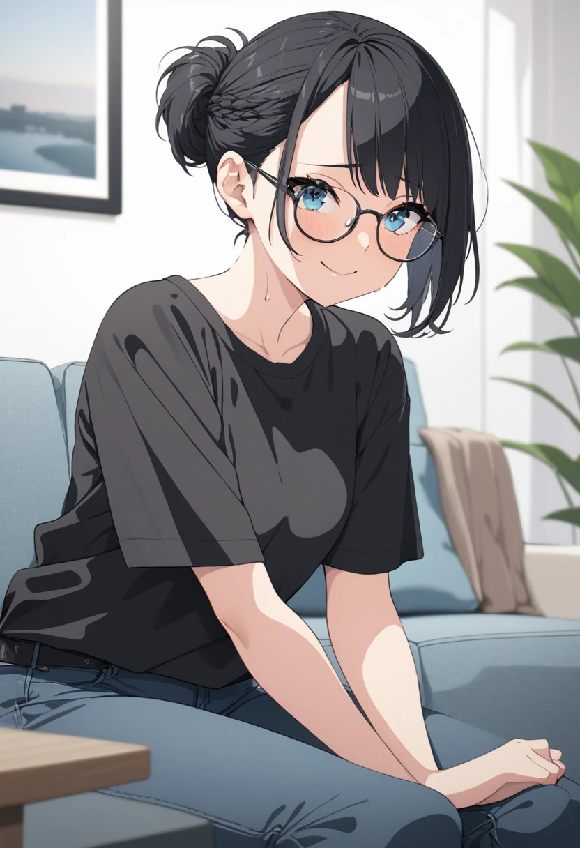 Adult female, highly detailed, glasses, short black hair wolf cut style tied back, blue eyes, smile, living room,  black shirt, jeans, perfect eyes, high quality, best quality, sitting on couch, nervous, sweat