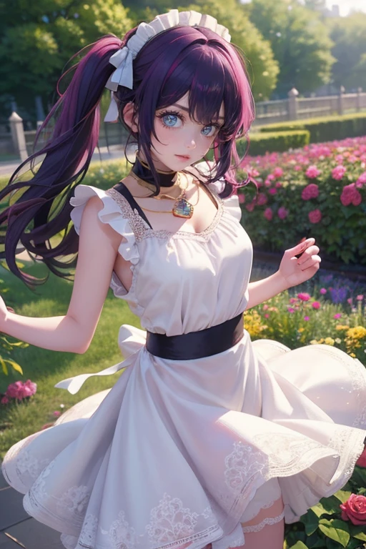 1girl, Ai Hoshino_(Oshi no Ko), centered girl, perfectly body, perfectly hands, solo, jewelry, lavender, rabbit jewel on her hair, ornament hair, twintails, rabbit jewel on her hair, purple hair, long hair, long flowing hair, floating hair, ornament hair, perfectly body, perfectly hands, garden scenery, magenta rose on hair, Looking at the audience, flowing hair, Beautiful Eyes, Plump and glossy lips, maid, maid dress, maid headdress, maid apron, white apron, dress with too many frills, white dress, magenta laces, white Short skirt, small skirt, skirt with layers, Drape clothes, magenta gem, Lace trim, bright stage in the garden, luxury gold details, gold jewelry, more details, best quality, Big sparkling eyes, blushing, Striped Lace Stockings, white Lolita skirt, sparkle, solo, centered girl, cowboy shot, perfectly body, perfectly hands, two arms, two legs, two hands, five fingers, perfect anatomy, glowing hair, magenta roses, in garden, sparkles, more details on her clothes, dress with transparency, golden details on her dress, night, holding a bouquet, ((4k, masterpiece, top-quality)), 8k, best quality, high resolution, UHD, (illustration:0.8), super cute girl, delicate and beautiful face, mature girl, super cute hairstyle, (beautiful detailed eyes:1.6), extremely detailed face, perfect lighting, extremely detailed CG, (perfect hands, perfect anatomy), Best quality, cleavage