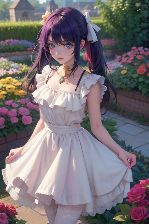 1girl, Ai Hoshino_(Oshi no Ko), centered girl, perfectly body, perfectly hands, solo, jewelry, lavender, rabbit jewel on her hair, ornament hair, twintails, rabbit jewel on her hair, purple hair, long hair, long flowing hair, floating hair, ornament hair, perfectly body, perfectly hands, garden scenery, magenta rose on hair, Looking at the audience, flowing hair, Beautiful Eyes, Plump and glossy lips, maid, maid dress, maid headdress, maid apron, white apron, dress with too many frills, white dress, magenta laces, white Short skirt, small skirt, skirt with layers, Drape clothes, magenta gem, Lace trim, bright stage in the garden, luxury gold details, gold jewelry, more details, best quality, Big sparkling eyes, blushing, Striped Lace Stockings, white Lolita skirt, sparkle, solo, centered girl, cowboy shot, perfectly body, perfectly hands, two arms, two legs, two hands, five fingers, perfect anatomy, glowing hair, magenta roses, in garden, sparkles, more details on her clothes, dress with transparency, golden details on her dress, night, holding a bouquet, ((4k, masterpiece, top-quality)), 8k, best quality, high resolution, UHD, (illustration:0.8), super cute girl, delicate and beautiful face, mature girl, super cute hairstyle, (beautiful detailed eyes:1.6), extremely detailed face, perfect lighting, extremely detailed CG, (perfect hands, perfect anatomy), Best quality, cleavage