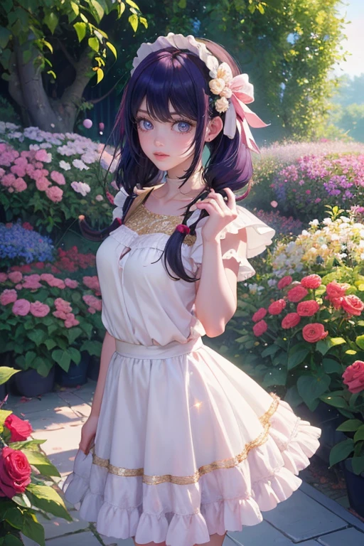 1girl, Ai Hoshino_(Oshi no Ko), centered girl, perfectly body, perfectly hands, solo, jewelry, lavender, rabbit jewel on her hair, ornament hair, twintails, rabbit jewel on her hair, purple hair, long hair, long flowing hair, floating hair, ornament hair, perfectly body, perfectly hands, garden scenery, magenta rose on hair, Looking at the audience, flowing hair, Beautiful Eyes, Plump and glossy lips, maid, maid dress, maid headdress, maid apron, white apron, dress with too many frills, white dress, magenta laces, white Short skirt, small skirt, skirt with layers, Drape clothes, magenta gem, Lace trim, bright stage in the garden, luxury gold details, gold jewelry, more details, best quality, Big sparkling eyes, blushing, Striped Lace Stockings, white Lolita skirt, sparkle, solo, centered girl, cowboy shot, perfectly body, perfectly hands, two arms, two legs, two hands, five fingers, perfect anatomy, glowing hair, magenta roses, in garden, sparkles, more details on her clothes, dress with transparency, golden details on her dress, night, holding a bouquet, ((4k, masterpiece, top-quality)), 8k, best quality, high resolution, UHD, (illustration:0.8), super cute girl, delicate and beautiful face, mature girl, super cute hairstyle, (beautiful detailed eyes:1.6), extremely detailed face, perfect lighting, extremely detailed CG, (perfect hands, perfect anatomy), Best quality, cleavage