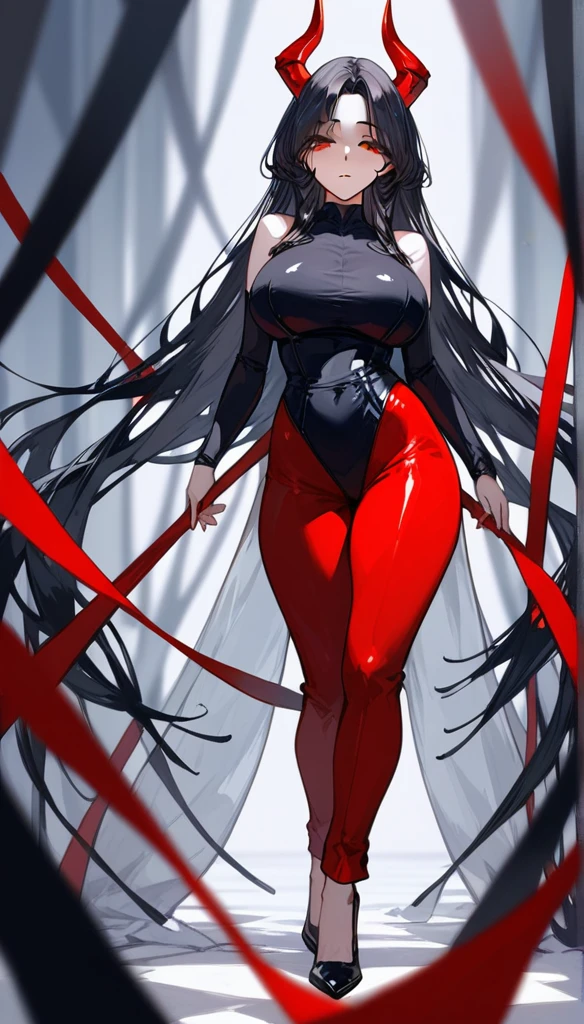 masterpiece, Score_9, Score_8_up, Score_7_up, front view, 1 woman, alone, black hair with red, long hair, parted bangs, dark red eyes, half-closed eyes, parted lips, expressionless, pale skin, large breasts, body suit, black bottom, best quality, horns up, long open bangs, black sleeveless shirt, black V-neck, red baggy pants, high heels.