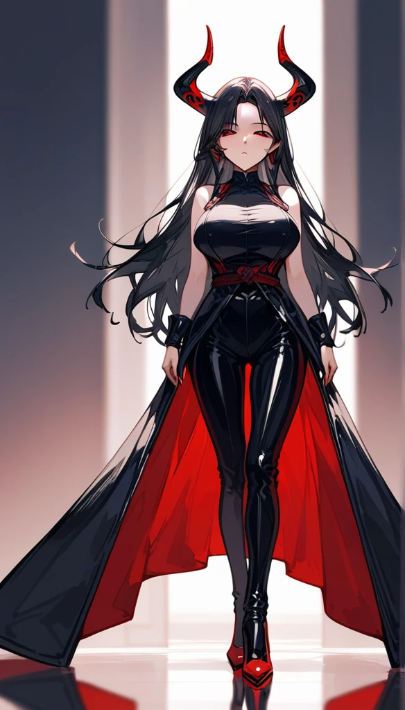 masterpiece, Score_9, Score_8_up, Score_7_up, front view, 1 woman, alone, black hair with red, long hair, parted bangs, dark red eyes, half-closed eyes, parted lips, expressionless, pale skin, large breasts, body suit, black bottom, best quality, horns up, long open bangs, black sleeveless shirt, black V-neck, red baggy pants, high heels.