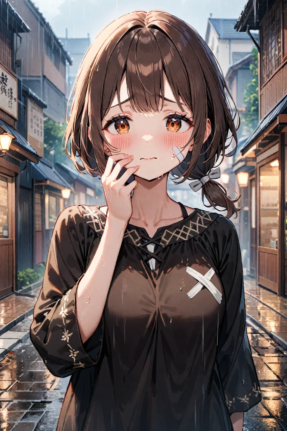 1 girl, miccon shikimori, from shikimori not just a cutie, center, slightly sad expression, wearing a black sweatshirt, with a small bandage on her cheek, long brown hair tied in a low ponytail, with a few loose strands framing her face, standing in a rainy street, with the rain blurring the background details, masterpiece, best quality, very aesthetic, absurdres --style 1 --preset 3, ((medium quality)), ((medium quality))