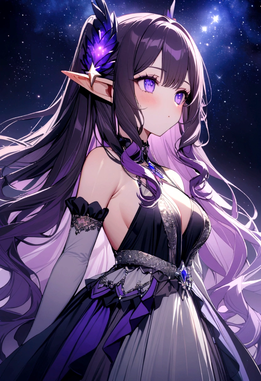 Fairy Woman, 25 years old, alas de hada grande de color violeta claro, Cabello largo de color morado oscuro, ojos de color negro, He has a serious expression on his face