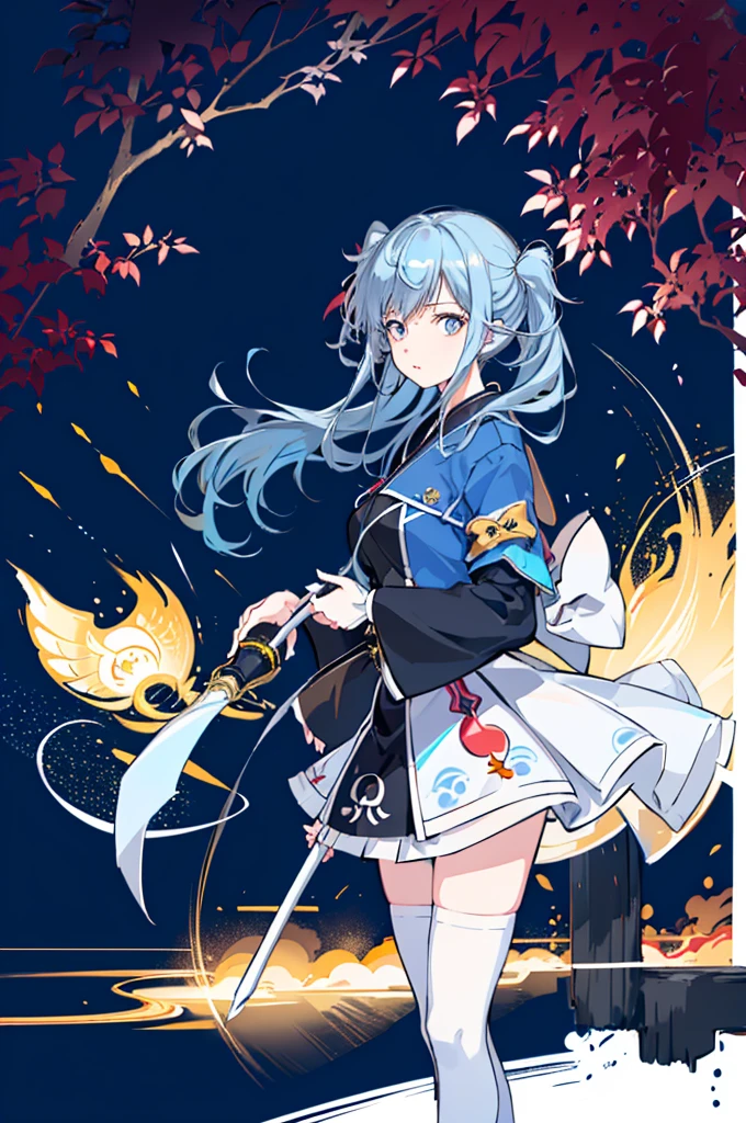 1girl, solo, outdoors, long hair, holy place, Original,(Illustration:1.1),(Best Quality),(masutepiece:1.1),(the Extremely Detailed CG Unity 8K Wallpapers:1.1), (Colorful:0.9),(mid-shot:0.95),(extremely detailed beautiful face),(Solo:1.2), (girl),(((Lori))), (Detailed beautiful eyes:1.15), (Beautiful face:1.15), (Glowing blue eyes:1.25////),(((sky blue Long Hair))),(two side up),(+perfect hand+:1.21),(Draw illustration of Japan priestess costume),(slender),(White pleated skirt),(Gothic),((black thighhighs)),(frilld),(Beautiful Slender Lolita Girl),hallowween,standing, girl,10 years old, girl,foggy place,vampire,sky blue hair,((full body,whole body)),