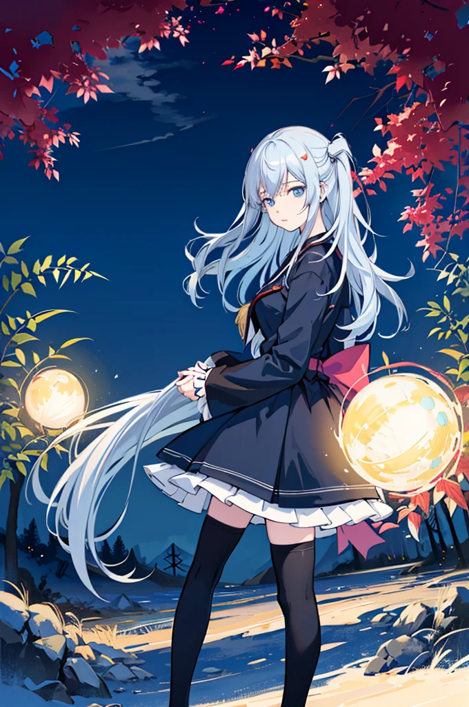 1girl,  solo, outdoors, long hair, holy place, Original,(Illustration:1.1),(Best Quality),(masutepiece:1.1),(the Extremely Detailed CG Unity 8K Wallpapers:1.1), (Colorful:0.9),(mid-shot:0.95),(extremely detailed beautiful face),(Solo:1.2), (girl),(((Lori))), (Detailed beautiful eyes:1.15), (Beautiful face:1.15), (Glowing blue eyes:1.25////),(((sky blue Long Hair))),(two side up),(+perfect hand+:1.21),(Draw illustration of Japan priestess costume),(slender),(White pleated skirt),(Gothic),((black thighhighs)),(frilld),(Beautiful Slender Lolita Girl),hallowween,standing, girl,10 years old,  girl,foggy place,vampire,sky blue hair,((full body,whole body)),