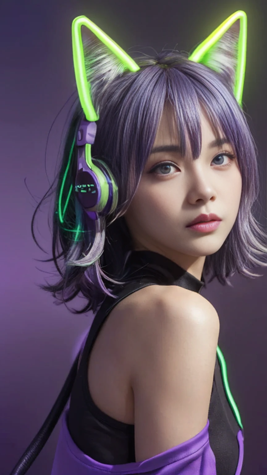 (Neon Purple Theme:1.2), masterpiece, Highest quality, 4K, (Realistic), Bokeh, Awareness-raising,(1 perfect portrait of a girl), (A fascinating eye for perfect detail:1.2), Colorful Hair, (Gradient Hair), (Neon purple soft hair:1.6), (Cat ear:1.2), Fantasy Background, (Exposed bare shoulders), (Long-term alienation sleeve), (Lean forward slightly), Tilt your head, (Cinema Lighting:1.2), Larger clothes, (Seductive pose:1.4), (Neon Purple Background:1.6), beautiful purple eyes, close,