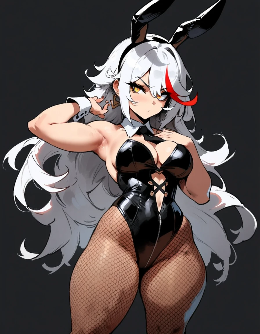 1girl, aegir \(azur lane\), azur lane \\\\\ masterpiece, best quality, very aesthetic, absurdres, newest \\\\\\ sportive body,  \\\\\\ by nyantcha,,by cutesexyrobutts,by khyle ///// white hair with a single prominent red streak, black horns, yellow eyes, \\\\\\ bunnysuit without bunny ears,white background,standing, fishnet pantyhose, concept art