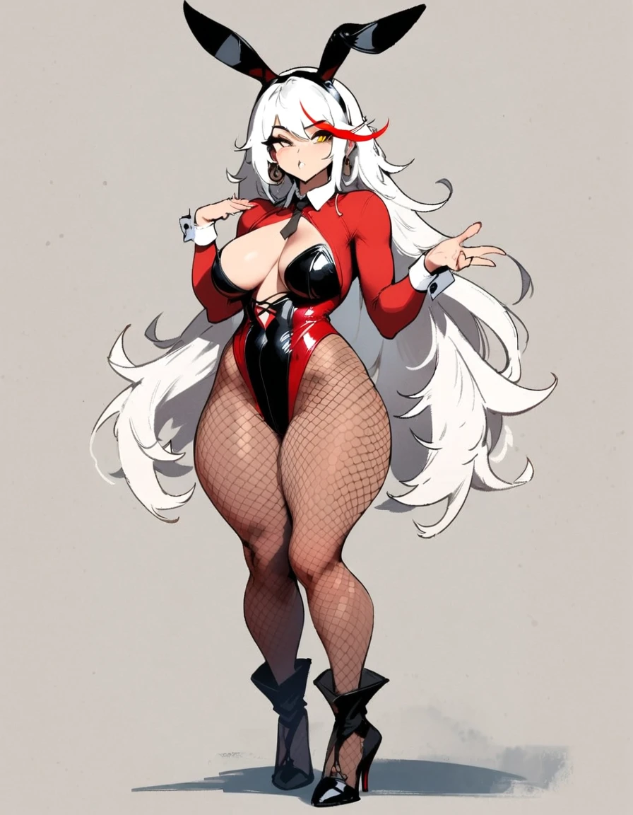 1girl, aegir \(azur lane\), azur lane \\\\\ masterpiece, best quality, very aesthetic, absurdres, newest \\\\\\ sportive body,  \\\\\\ by nyantcha,,by cutesexyrobutts,by khyle ///// white hair with a single prominent red streak, black horns, yellow eyes, \\\\\\ bunnysuit without bunny ears,white background,standing, fishnet pantyhose, concept art