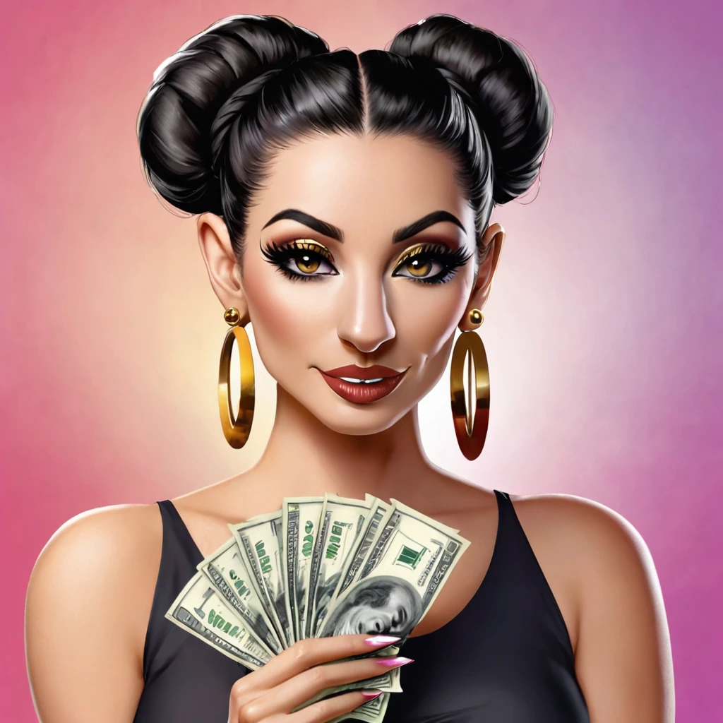 white woman, stubble beard, big nose, makeup, black hair tied back, , thick and well-groomed, black eyes, seductive and proud look, large golden earrings, holds dollar bills