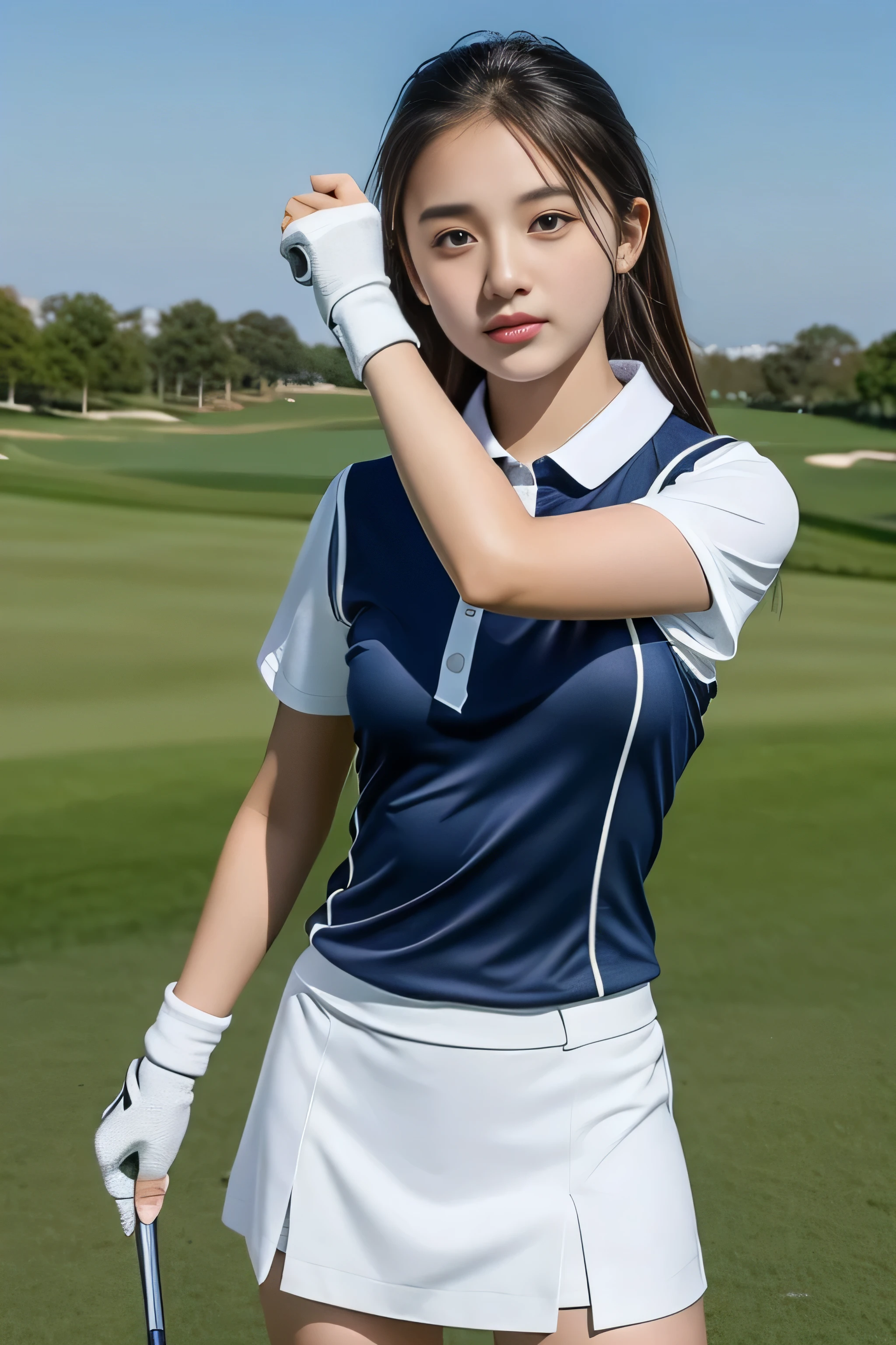 1girl, 14 years old, (Highest quality,Ultra detailed face,,Detailed skin,Golf Swing),8K,(Medium bust:1.2),Golf course,(Thin, see-through golf wear:1.2),pretty girl, mini skirt,
