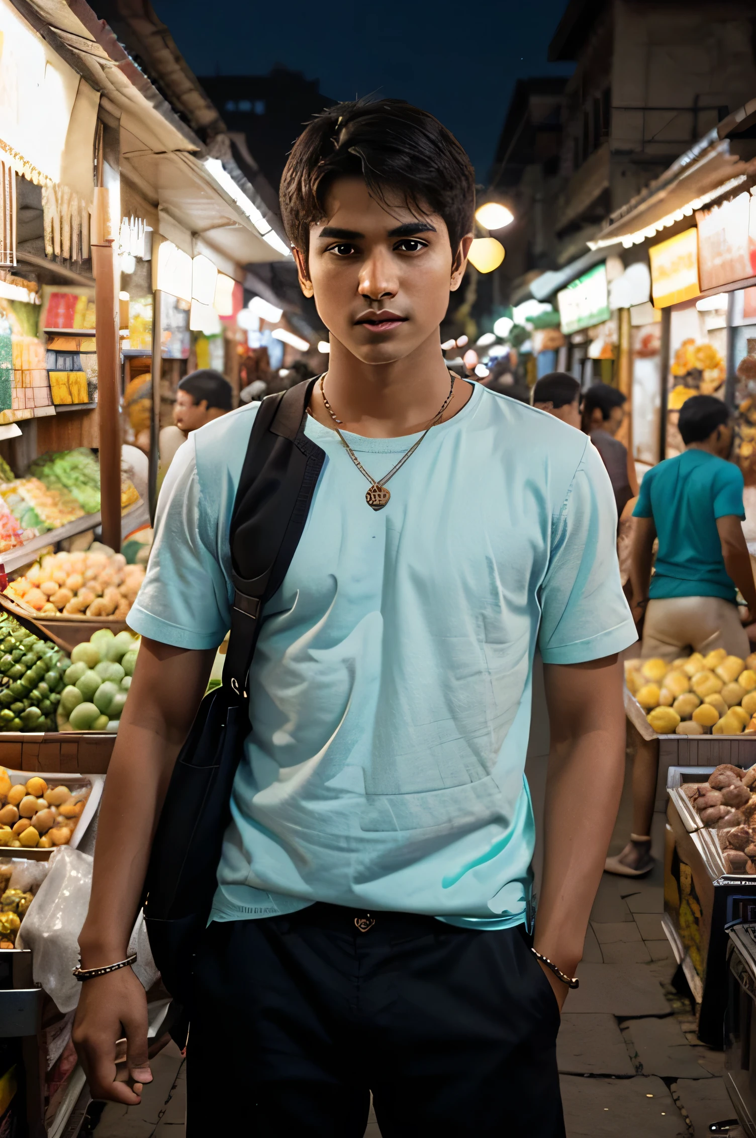 Replace the background with another background of an Indian city market in evening sky with complex details of shops and people, make it like an avatar of boy, try that the face will look real and similar to the given image so that anyone can recognise, change the outfit in the given image to another outfit