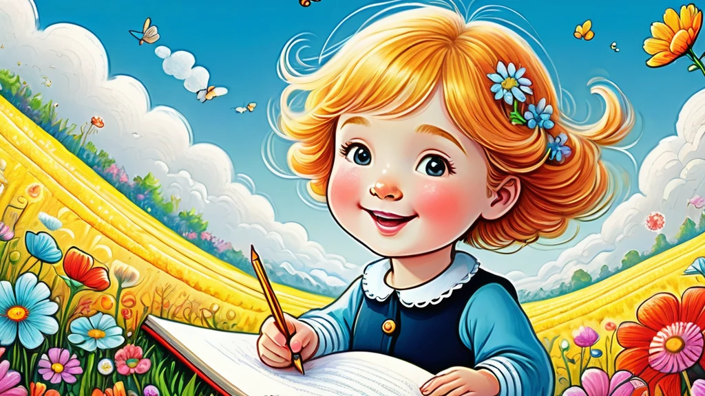 ((Close-up of a young  drawing a large picture in the center))、looks happy,An illustration,pop,colorfulに,draw with thick lines,color,Flower Field、Happy dreams,Warm and full of happiness,,colorful,Fancy,Fantasy,,Detailed explanation,fluffy,Randolph Caldecott Style