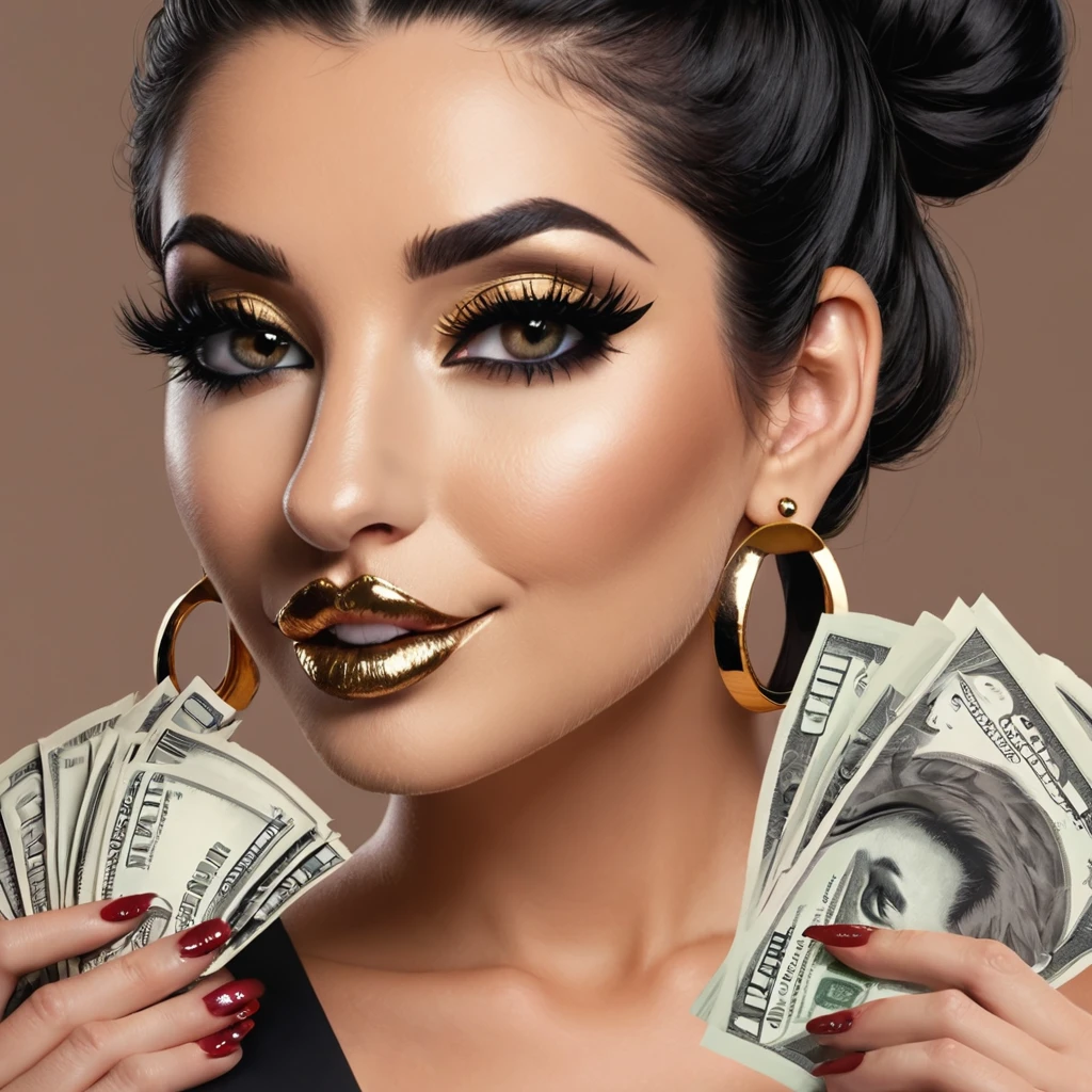 white woman, stubble beard, big nose, makeup, black hair tied back, stubble beard, thick and well-groomed, black eyes, seductive and proud look, large golden earrings, holds dollar bills