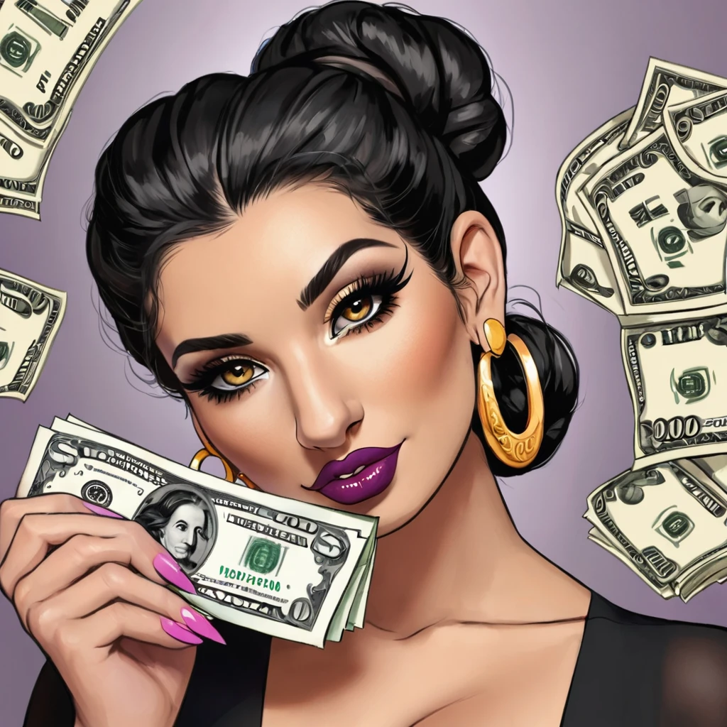 white woman, stubble beard, big nose, makeup, black hair tied back, stubble beard, thick and well-groomed, black eyes, seductive and proud look, large golden earrings, holds dollar bills