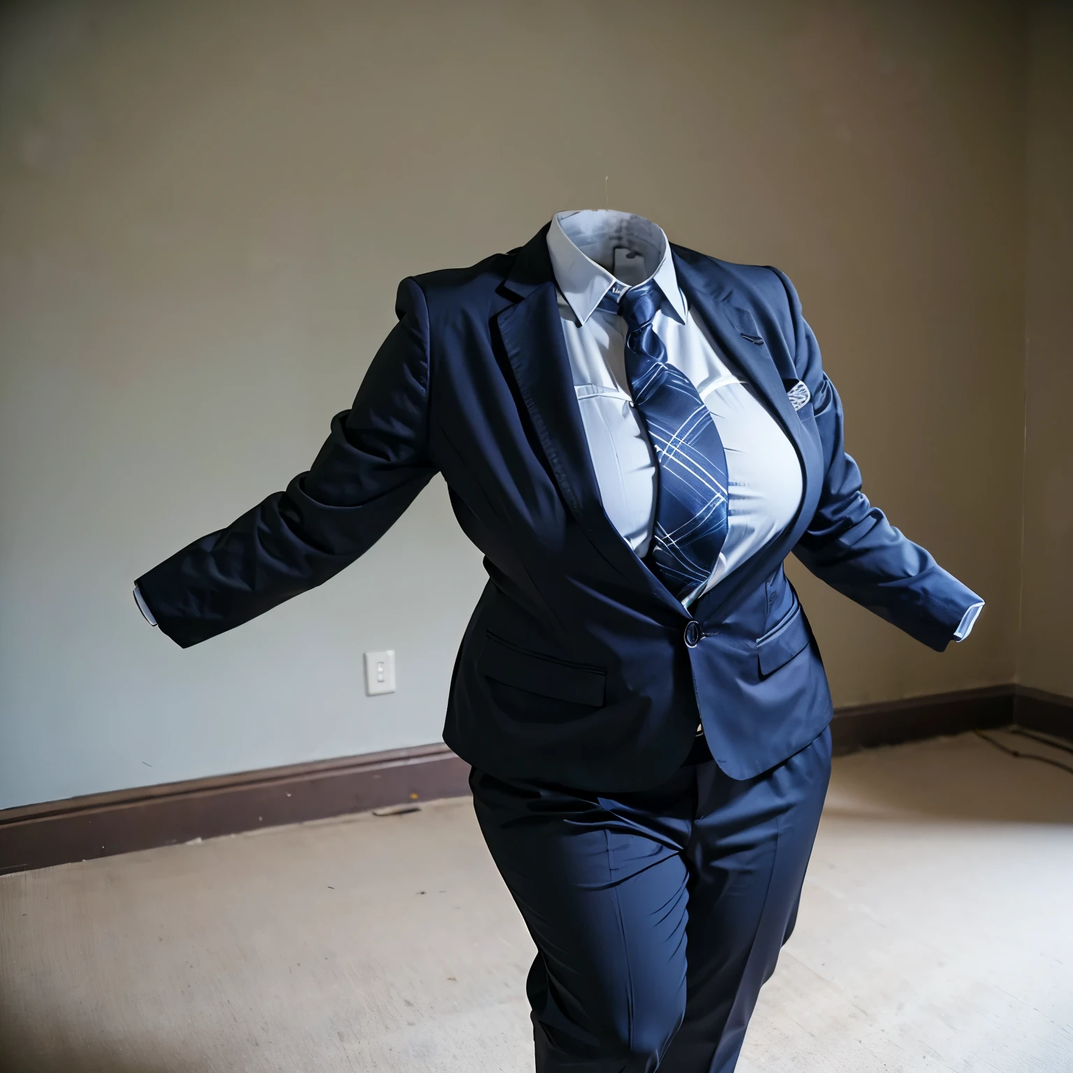 leaning forward, from back, school blouse, pants suit style, stripe tie, fat, cute big breasts, (invisible, no human, headless, handless:1.5)