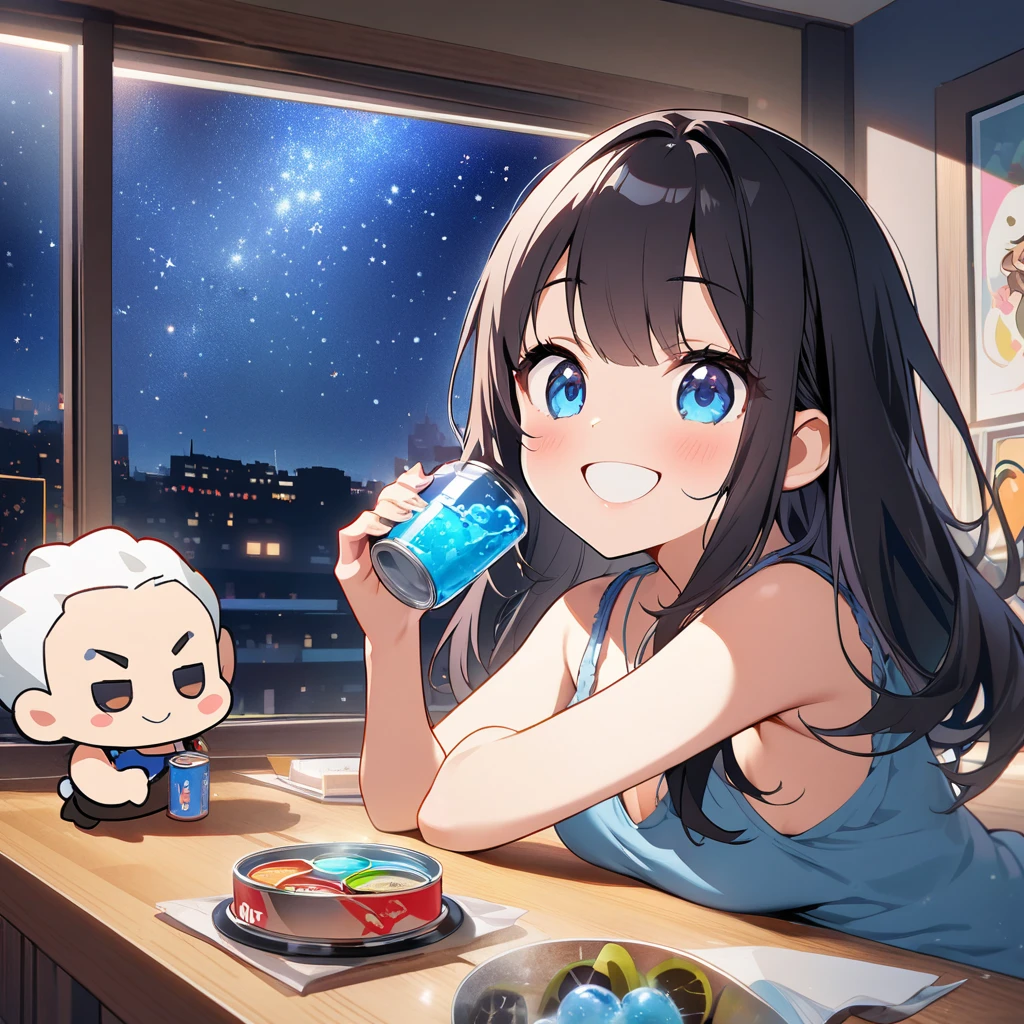 masterpiece、Highest quality、Depth of subject、2D illustration、1 beautiful girl、独奏, (((chibi style)))、((night)), ((window)), ((starry sky)), Long, beautiful hair、Shiny black hair、cute、Beautifully detailed eyes、((Tank top))、a glass of blue soda, ((colorful))、mini skirt、((happy smile))、((Canned Chuhai)), ((close up shot))、((eating beefsteak)), ((in the room))、((There's a lot of pink around))、Thighs、((vivid color))、sparkle、((Lens flare))、
