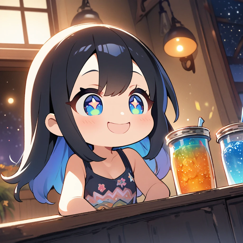 masterpiece、Highest quality、Depth of subject、2D illustration、1 beautiful girl、独奏, (((chibi style)))、((night)), ((window)), ((starry sky)), Long, beautiful hair、Shiny black hair、cute、Beautifully detailed eyes、((Tank top))、a glass of blue soda, ((colorful))、mini skirt、((happy smile))、((Canned Chuhai)), ((close up shot))、((eating beefsteak)), ((in the room))、((There's a lot of pink around))、Thighs、((vivid color))、sparkle、((Lens flare))、