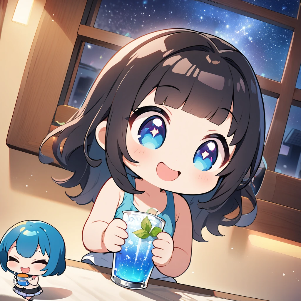 masterpiece、Highest quality、Depth of subject、２D illustration、1 beautiful girl、独奏, (((chibi style)))、((night)), ((window)), ((starry sky)), Long, beautiful hair、Shiny black hair、cute、Beautifully detailed eyes、((Tank top))、a glass of blue soda, ((colorful))、mini skirt、((happy smile))、((Canned Chuhai)), ((close up shot))、((eating beefsteak)), ((in the room))、((There&#39;s a lot of pink around))、Thighs、((vivid color))、sparkle、((Lens flare))、