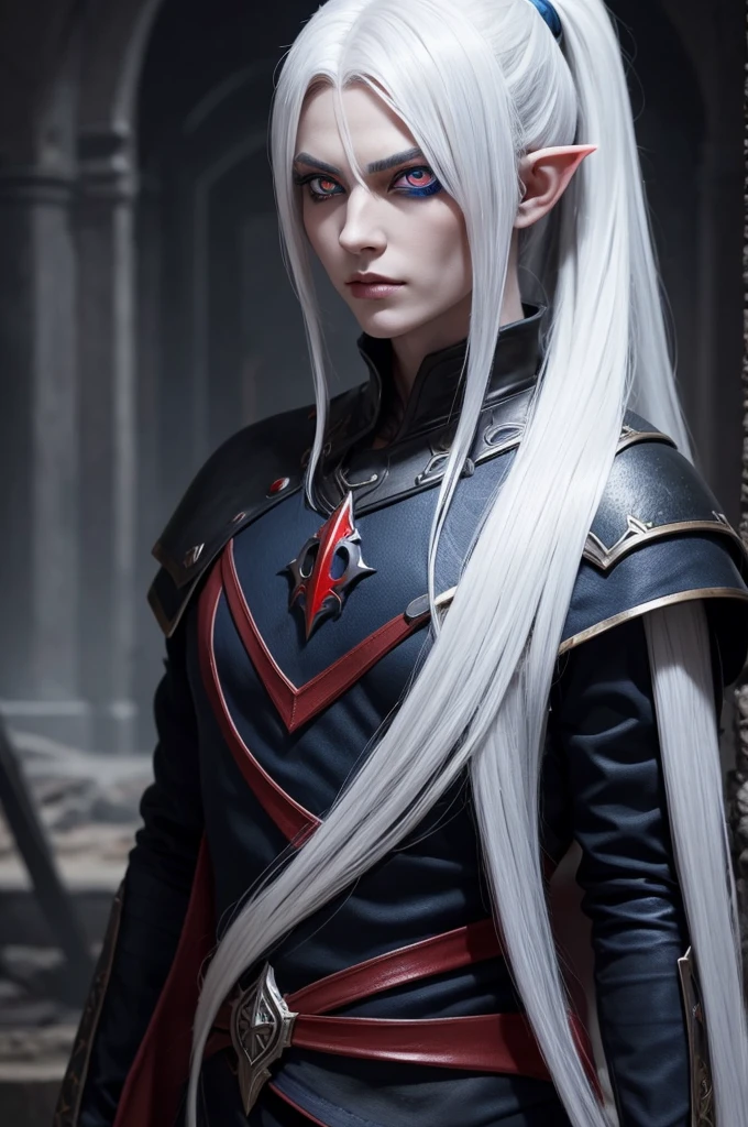 dark elf, murderous, 1,79m, one blue eye and one red eye I hear, medieval style, showing face, white hair with long ponytail