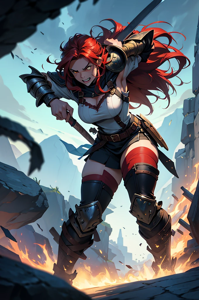 A stunning and highly detailed character portrait of a halfling barbarian, radiating with fierce determination and bravery. She stands in an attack position, wielding a gigantic axe with vampire-like teeth, her eyes gleaming with intensity. The character sports messy long red hair, a yellow eye, and thick brown fur and leather armor. The background showcases storm clouds, adding to the overall fantasy atmosphere. The illustration is rendered in an anime-inspired digital paint style, making it a perfect addition to a Dungeons & Dragons campaign on Fiverr.