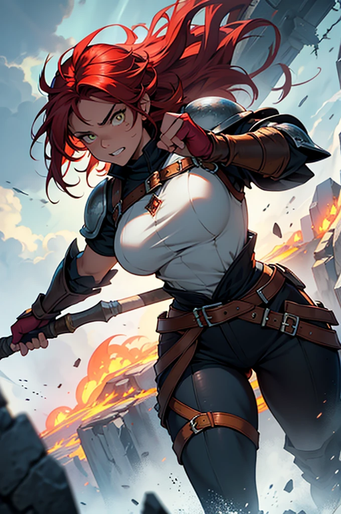 A stunning and highly detailed character portrait of a halfling barbarian, radiating with fierce determination and bravery. She stands in an attack position, wielding a gigantic axe with vampire-like teeth, her eyes gleaming with intensity. The character sports messy long red hair, a yellow eye, and thick brown fur and leather armor. The background showcases storm clouds, adding to the overall fantasy atmosphere. The illustration is rendered in an anime-inspired digital paint style, making it a perfect addition to a Dungeons & Dragons campaign on Fiverr.