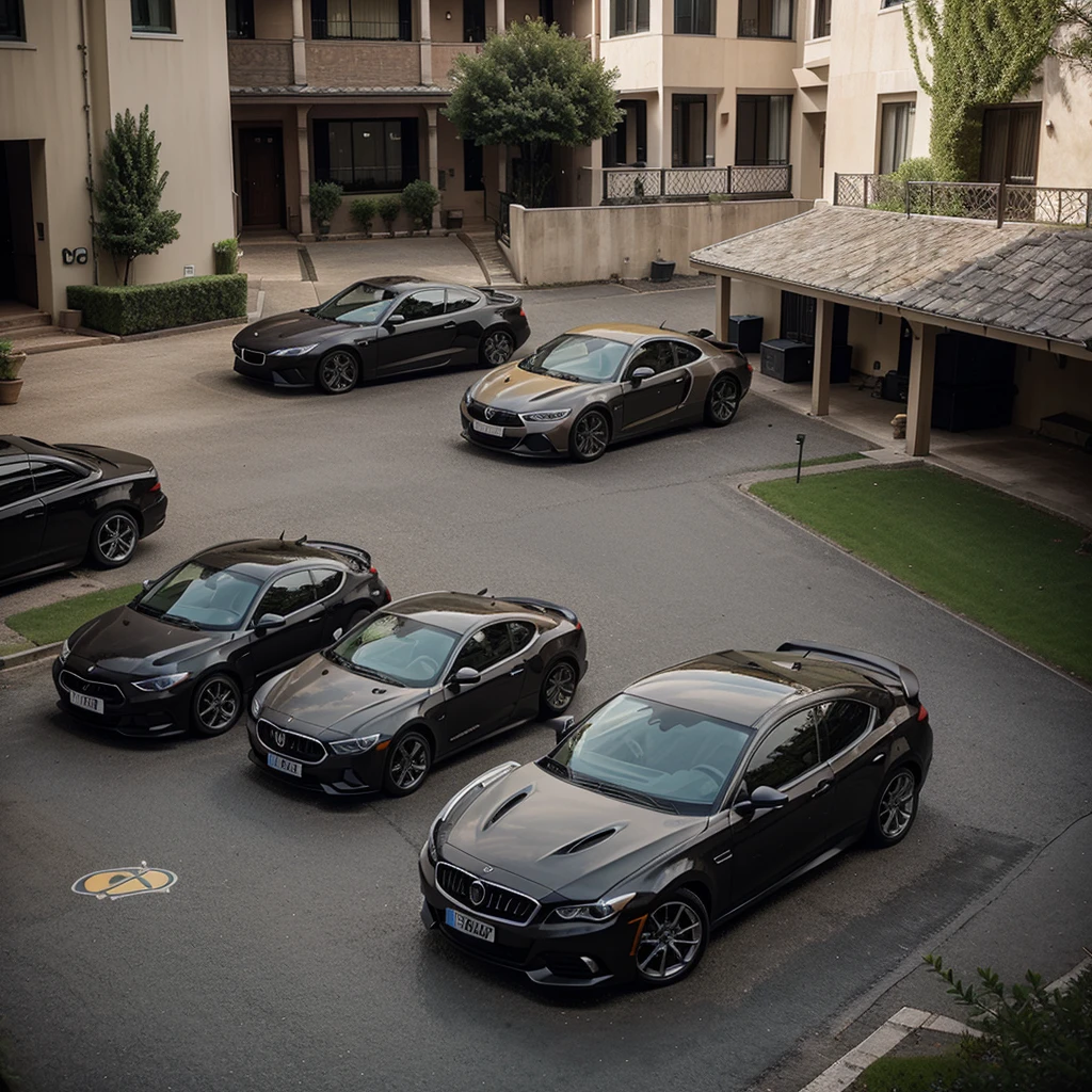 A color photograph showing several cars of different makes parked in a courtyard. in the spotlight, one of the cars has a large and visible sticker with the inscription 'JEFFSON MULTIMARCAS', written with two F's, glued to the side or rear window. Em primeiro plano, there is an official document or certificate with a visible seal, representing the authenticity or formalization of something related to vehicles. The image clearly highlights the 'JEFFSON MULTIMARCAS' brand, conveying a feeling of organization and formality, ideal for a WhatsApp group focused on automotive or commercial topics.
