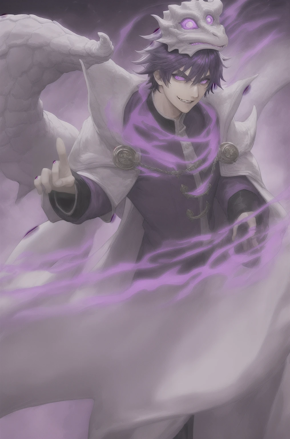 1boy, purple eyes, purple hair, white dragon mask, black outfit with a white coat, wizard style, evil smile