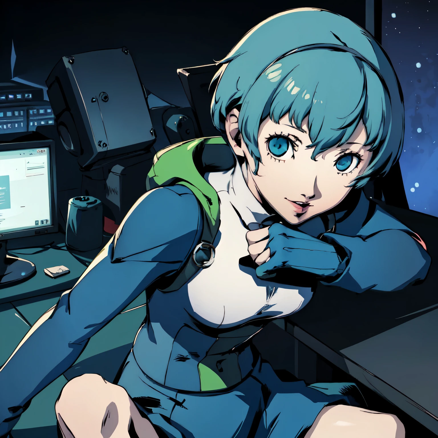 ((P3 Yamagishi Fuuka)),masterpiece, ((best quality)),((1 girl)), blue eyes, light aqua hair, female , tomboy Pixie haircut, deep blue suit,smiling,hacker,in the,dark room,sitting,looking monitor,long skirt,sexy,
