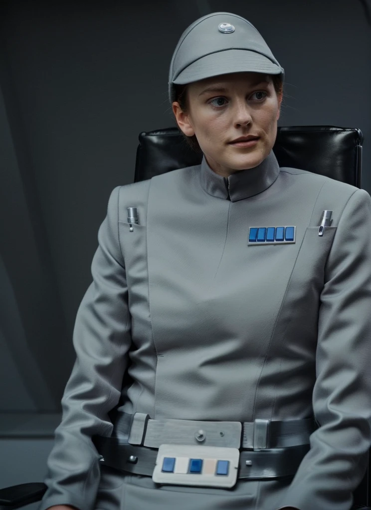 beautiful 22 year old woman pytn in imperialofficer uniform sitting in a chair,starship bridge,ultra detailed,masterpiece quality,Fujifilm XT3 smooth skin, young looking face, smirk, wearing cap. smooth face, smooth young skin, cloak