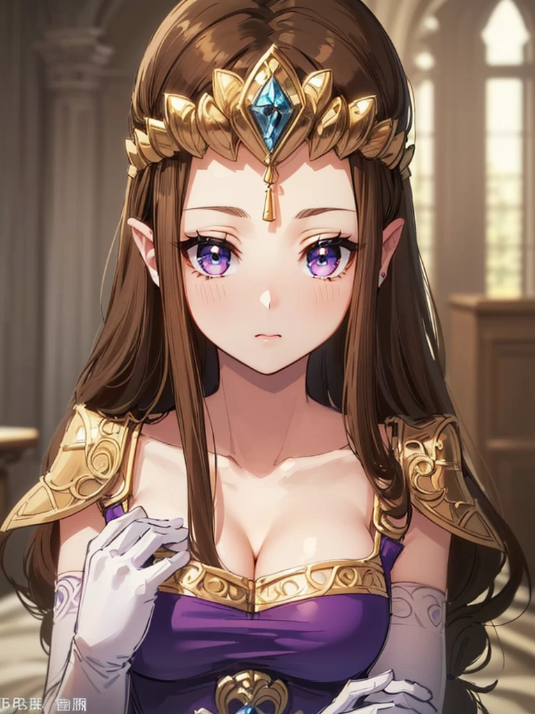 (((Face close-up))),(((No background))),(Expressionless),(((Place your hand on your chest)))))),((Upper Body)),((alone)),(())),Anime art style,masterpiece,(Highest quality), (Super detailed),(Very delicate and beautiful),(alone),(detailedな顔と目),Beautiful eyes like jewels,(A truly gorgeous jeweled ruffled rococo ball gown dress),(((Mature Woman,Queen))),((1 Queen in a beautiful embroidery and jeweled absolutely gorgeous rococo ballgown dress with voluminous full length hoop skirt)),((crinoline)),,((Straight hair galore,Very long straight hair with plenty of volume,Super long straight hair)),,Cleavage,(bed),length_gloves,Very gorgeous hair accessory、((((Front Face)))),((((Adult Expressions)))),((((Beautiful Face)))),((((dress)))),(()),(((Long Hair)))),((((Straight hair)))),((Cleavage)),((((Dark brown hair)))),Princess Zelda,((chest is slightly exposed)), ((Highest quality)),,(Very detailed) ,((Purple blouse)),(((Use one hand to push your hair aside))),Brown Hair,(()),, ((Highest quality)), (Very detailed),((detailed)),((())),Nintendo, The Legend of Zelda),,((alone)), ((Highest quality)), (Very detailed), ,