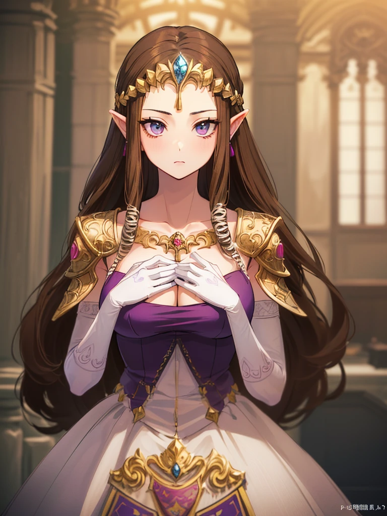 (((Face close-up))),(((No background))),(Expressionless),(((Place your hand on your chest)))))),((Upper Body)),((alone)),(())),Anime art style,masterpiece,(Highest quality), (Super detailed),(Very delicate and beautiful),(alone),(detailedな顔と目),Beautiful eyes like jewels,(A truly gorgeous jeweled ruffled rococo ball gown dress),(((Mature Woman,Queen))),((1 Queen in a beautiful embroidery and jeweled absolutely gorgeous rococo ballgown dress with voluminous full length hoop skirt)),((crinoline)),,((Straight hair galore,Very long straight hair with plenty of volume,Super long straight hair)),,Cleavage,(bed),length_gloves,Very gorgeous hair accessory、((((Front Face)))),((((Adult Expressions)))),((((Beautiful Face)))),((((dress)))),(()),(((Long Hair)))),((((Straight hair)))),((Cleavage)),((((Dark brown hair)))),Princess Zelda,((chest is slightly exposed)), ((Highest quality)),,(Very detailed) ,((Purple blouse)),(((Use one hand to push your hair aside))),Brown Hair,(()),, ((Highest quality)), (Very detailed),((detailed)),((())),Nintendo, The Legend of Zelda),,((alone)), ((Highest quality)), (Very detailed), ,