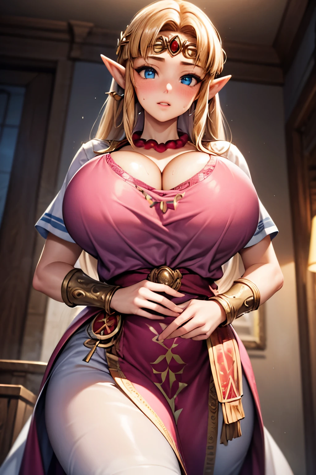 (masterpiece:1.2), best quality, high resolution, unity 8k wallpaper, (illustration:0.8), (beautiful detailed face:1.2, beautiful detailed eyes:1.2), perfect lighting, extremely detailed CG, (perfect hands, perfect anatomy), 

Cute, beautiful, charming lady, shiny hair, lustrous skin, beautiful light big eyes, 
milf, married woman, soft With a gentle appearance and a gentle mother-like atmosphere,((blush)),Embarrassing,sweat,steam,breath,frustrated,
Feminine style, beautiful kubire, beautiful, naughty face,(large breast,busty:1.2),(round breast:1.1),Hourglass Shape,A well-defined figure,slender,skinny body,((thin_Waist))cleavage,peek bra,clothed bra,toned,((Emphasize cleavage)),Crush the chest,from below,

Zelda_a, long hair, blond hair, pointy ears, blue eyes, circlet, pink dress, short sleeves, jewelry, bracer, bead necklace, 