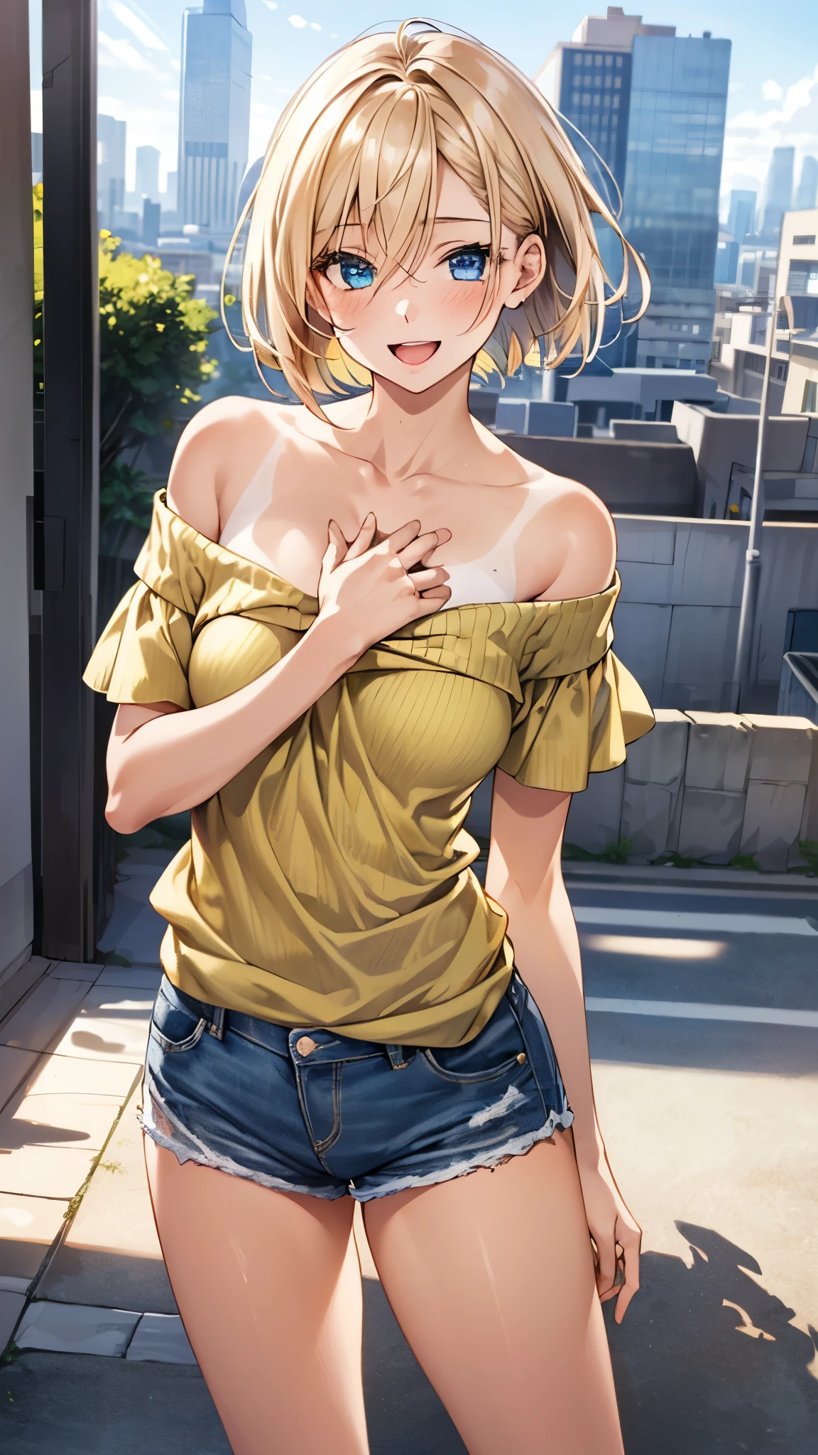 (masterpiece:1.3, top-quality, ultra high res, ultra detailed), (realistic:1.1, photorealistic:1.4), beautiful illustration, perfect lighting, colorful, depth of fields, 
beautiful detailed hair, beautiful detailed face, beautiful detailed eyes, beautiful clavicle, beautiful body, beautiful chest, beautiful thigh, beautiful legs, beautiful fingers, 
looking at viewer, 1 girl, japanese, high school girl, perfect face, (perfect anatomy, anatomically correct), cute and symmetrical face, face, suntan, shiny skin, 
(short hair:1.5, bob cut:1.2, ash blonde hair), hair between eyes, blue eyes, long eye lasher, (medium breasts), slender, 
(short sleeve off-shoulder yellow green sweater, black tanktop, denim shorts roll-up),　
(beautiful scenery), evening, (outdoors, cityscape in the distance), standing, hands on chest, (lovely smile, upper eyes, open mouth), 