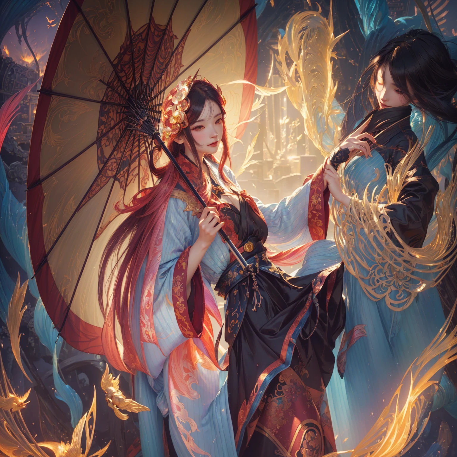 cute girl with umbrella in the city with fire and birds, cute fantasy illustration, cute fantasy artwork, onmyoji detailed art, wlop and sakimichan, cushart krenz key art feminine, alphonse mucha and rossdraws, extremely detailed artgerm, beauty in fantasy style, 2. 5 d cgi cute fantasy artwork, onmyoji portrait