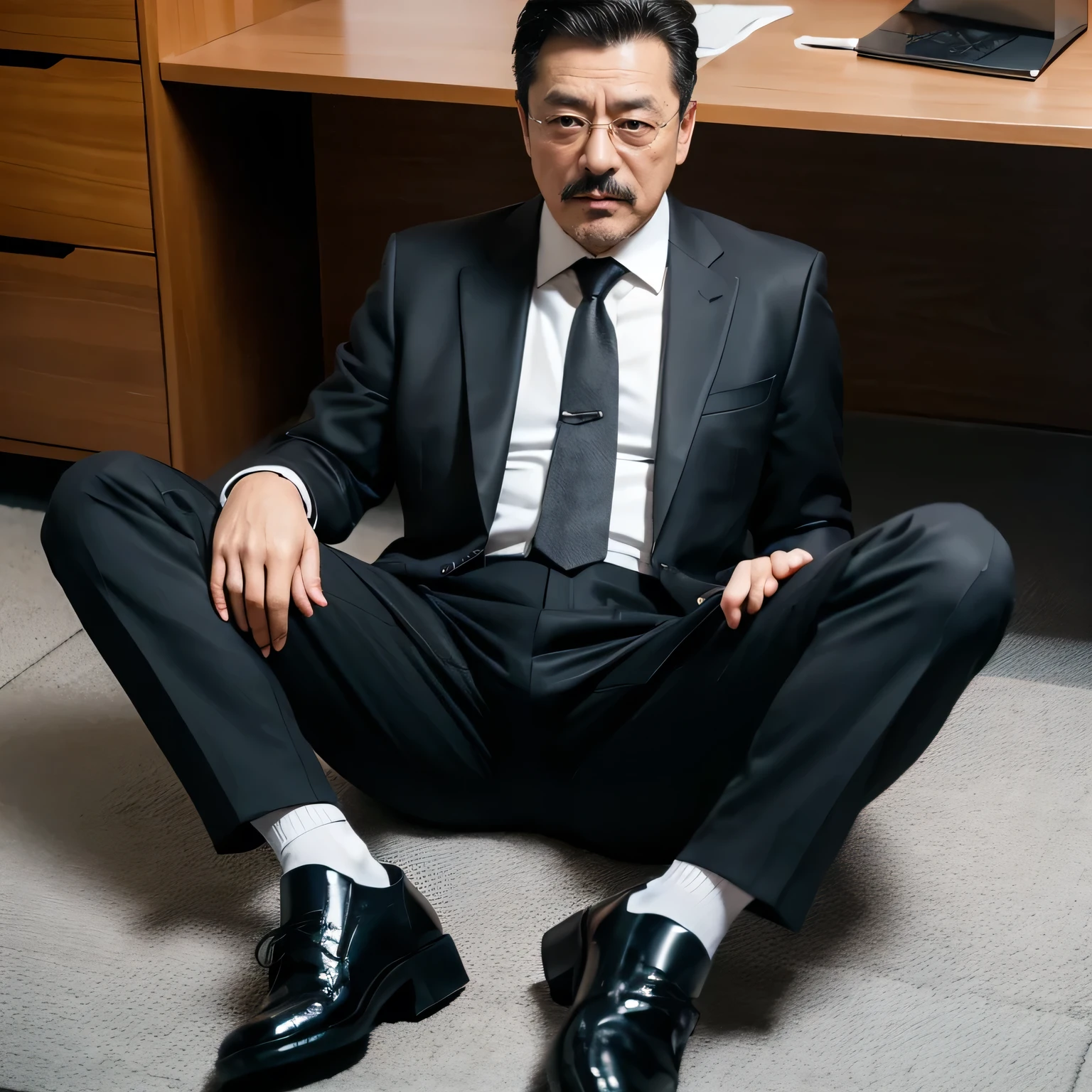 55 years old，Kogoro Mori，uncle，，Convex，in office，Wear black socks，anti-slip leather shoes，beard，toughness，Drooling in the mouth，HD，artwork，Charming and sexy expression pose，full of enjoyment，Very shy，exposed，Spread your legs and straighten them，Wear a suit，Trousers，A large protrusion with masculine characteristics，Wear black socks，The crotch has columnar protrusions，Sole viewing angle，Take off your pants，Floor perspective, Ecstasy expression/gender