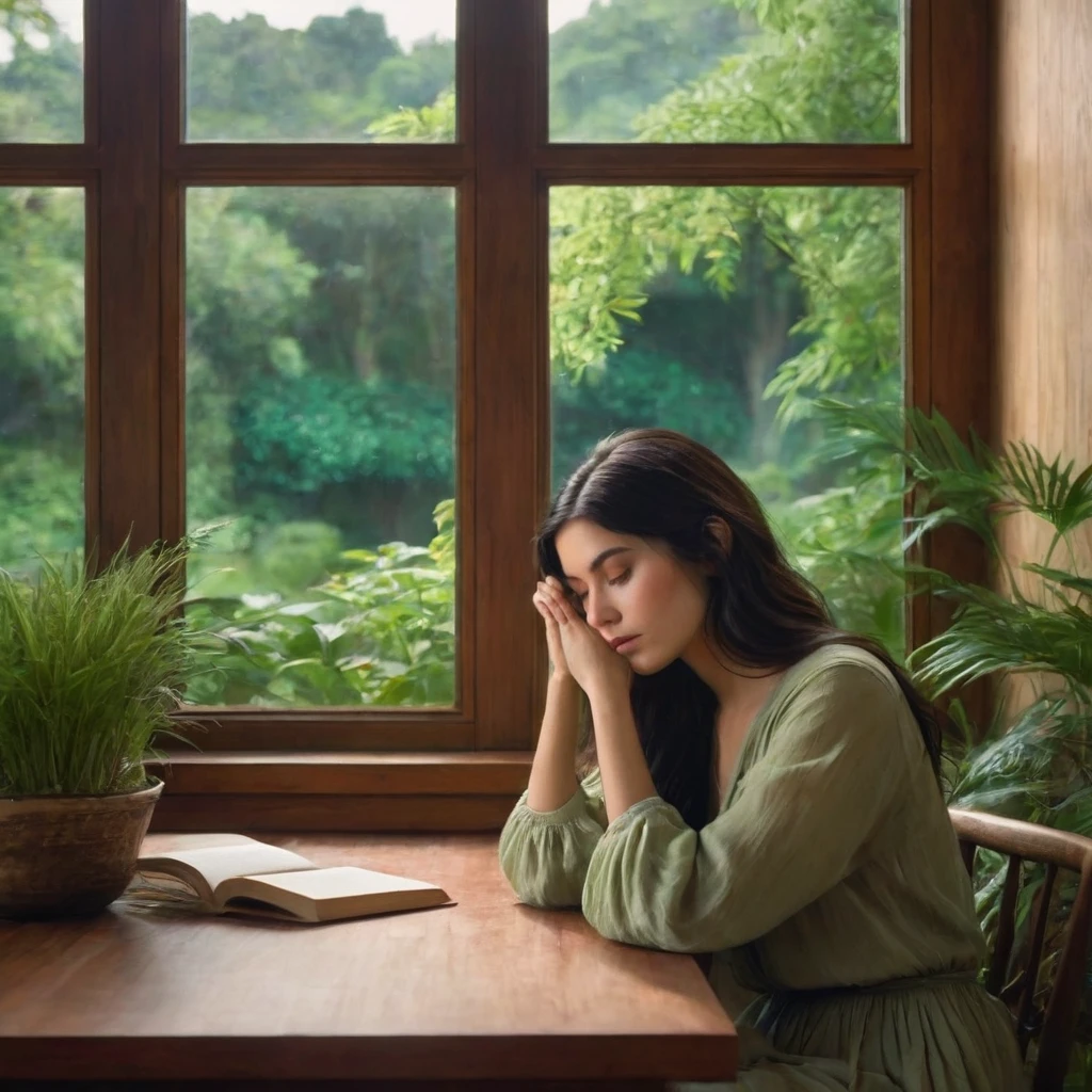 In the serene setting of a room, a young woman with long, dark hair is immersed in a world of her own. She's seated at a wooden table, her hands gently resting on her face, lost in thought. The room is adorned with a window that offers a view of lush greenery, adding to the tranquility of the scene.