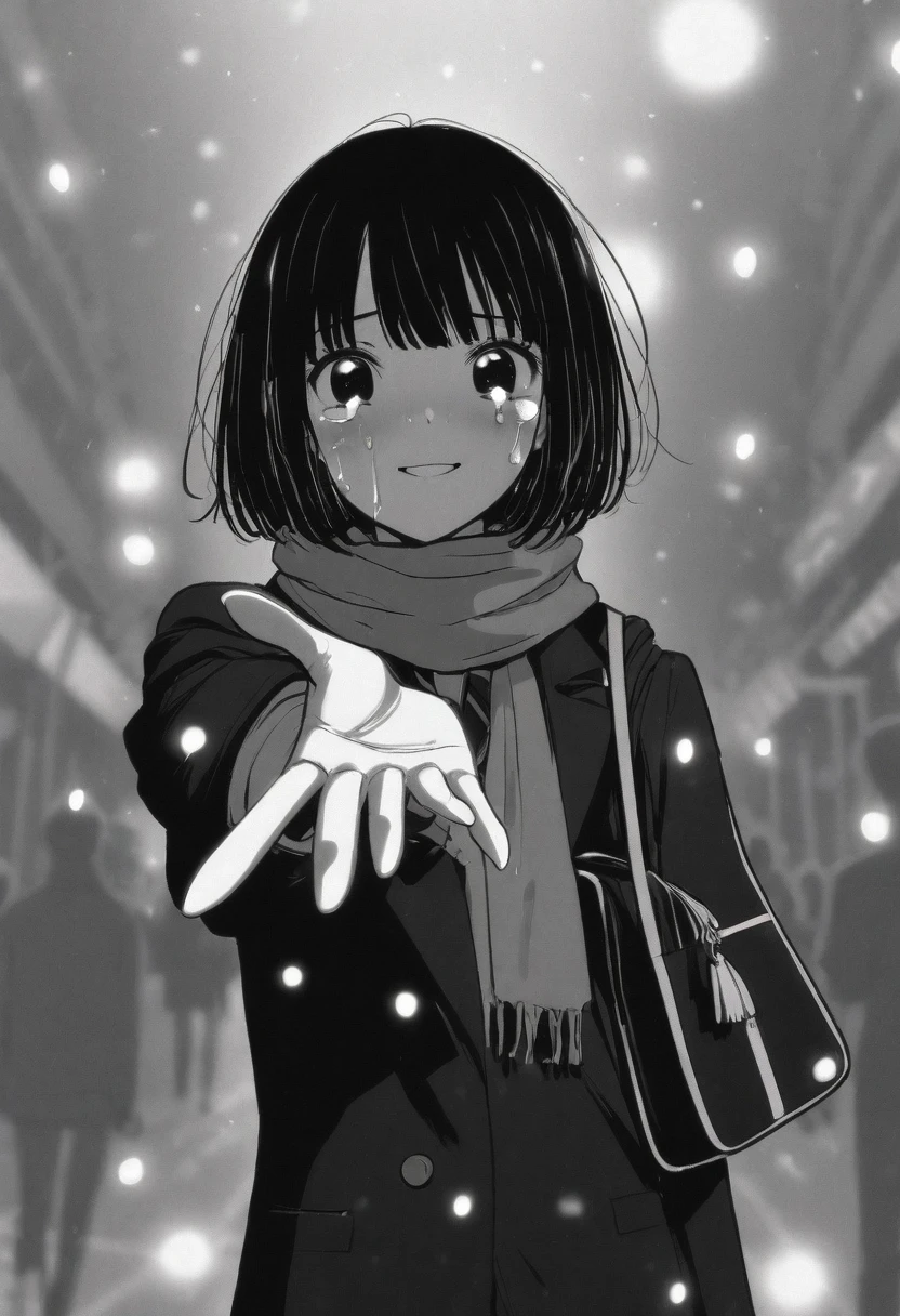 masterpiece, best quality, 1girl, mamerakkkkko, grayscale, manga style, japanese, chi no wadachi, black eyes, street, iced, black hair, schoolbag, smile, lineart, black coat, black scarf, black pleated skirt, leggins, centered, 18 years old, tall, fair skinned, bokeh background, crying, tears, tears streaming, bob cut, light particles, centered, snowing, (((reaching out left hand to viewer, perfect hand, detailed hand:1.1)), emotional anime scene