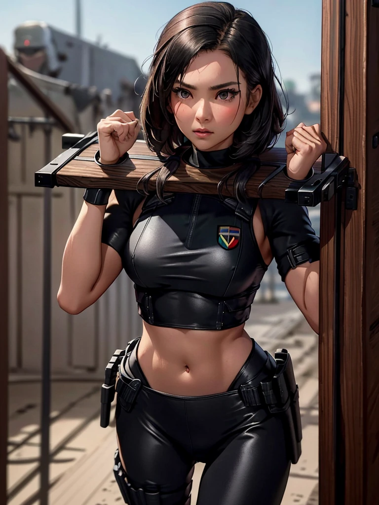 a woman in a black outfit holding a rifle and wearing headphones, 24-year-old woman, Filipino woman, tan bronze skin, soldier girl, mechanized soldier girl, military girl, beautiful female soldier, female lead character, infantry girl, of a sniper girl in war, solo female character, future combat gear, close up half body shot, Women in crop top military bulletproof vest, showing navel, quiet from metal gear solid v, wearing tactical gear, dressed in tactical armor, (((pillory)))