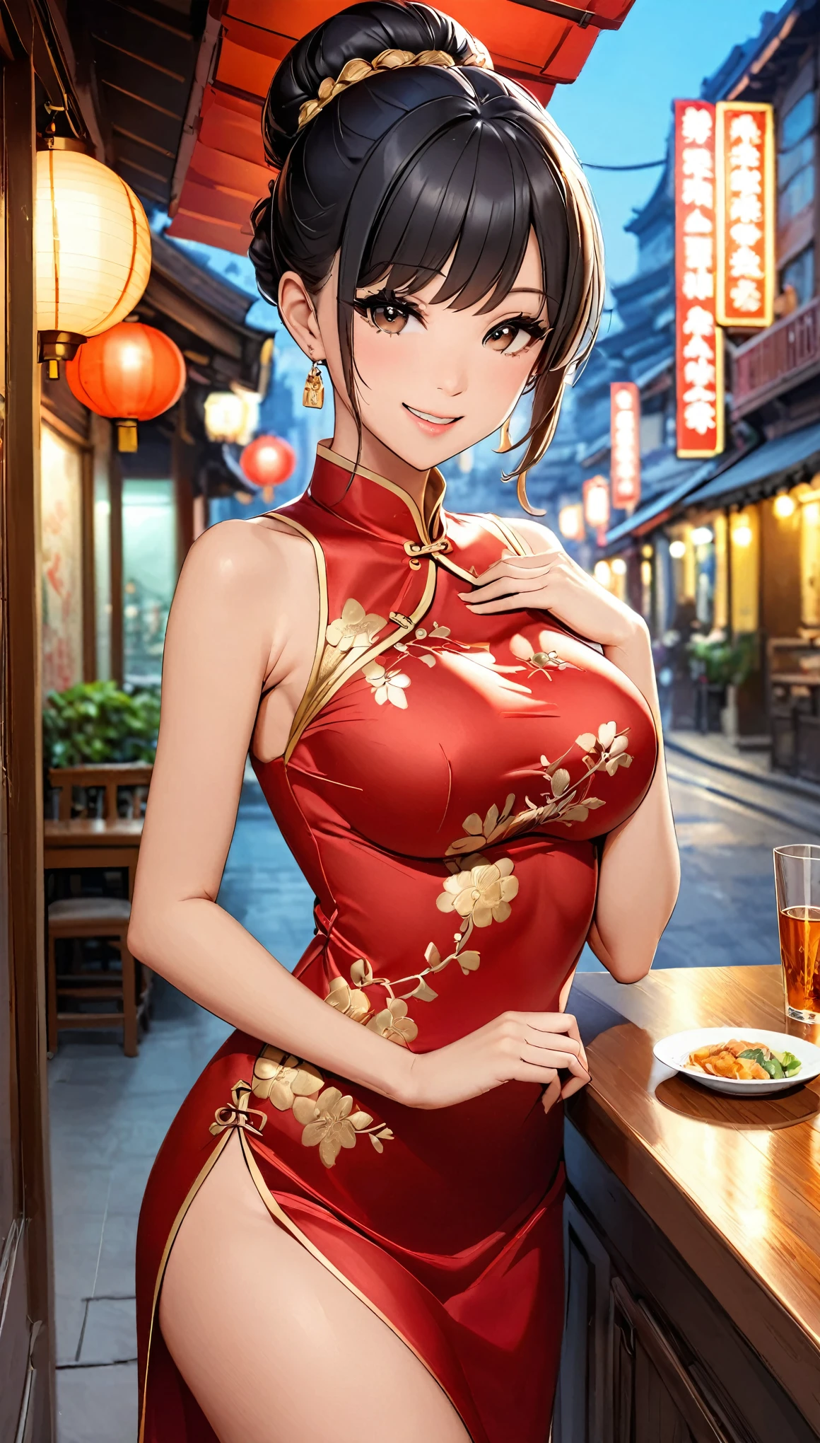 A beautiful woman, city,( silk cheongsam), (flower chignon), (gold embroidery thread), (slik), outdoor chinese restaurant, open mouth smile, ((black hair)), little blush, side, (breast), Reflecting the buttocks