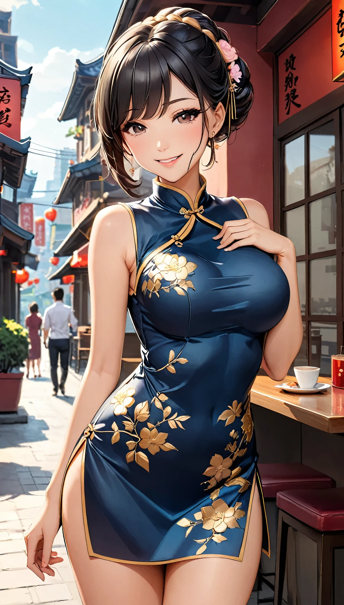 A beautiful woman, city,( silk cheongsam), (flower chignon), (gold embroidery thread), (slik), outdoor chinese restaurant, open mouth smile, ((black hair)), little blush, side, (breast), Reflecting the buttocks