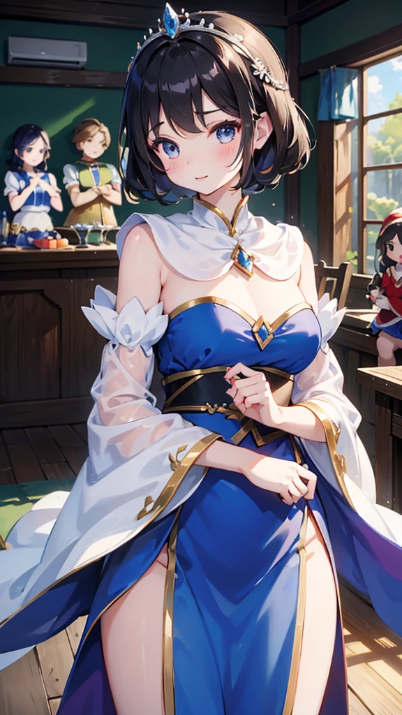 《snow white and the seven dwarfss》,Princess in a gorgeous dress,Princess in a gorgeous dress身边有七个可爱的小矮人,Gorgeous princess girl with some cute dwarfs around her,There are seven cute little boys around the cute girl,Close-up above the waist,《Snow White with the Seven Dwarfs》,Indoor background,木屋Indoor background
