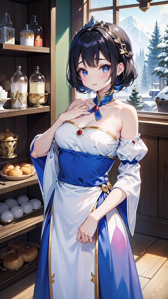 《snow white and the seven dwarfss》，Princess in a gorgeous dress，Princess in a gorgeous dress身边有七个可爱的小矮人，Gorgeous princess girl with some cute dwarfs around her，There are seven cute little boys around the cute girl，Close-up above the waist，《Snow White with the Seven Dwarfs》，Indoor background，木屋Indoor background
